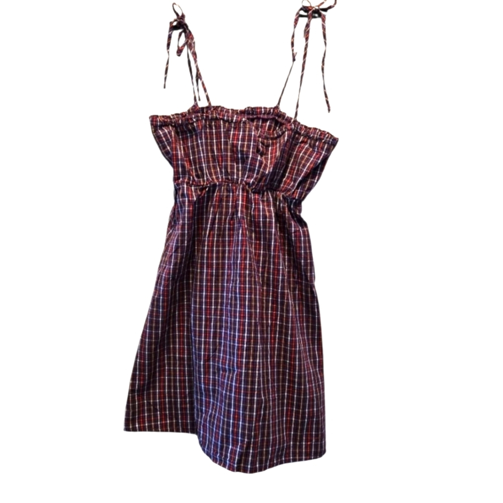 NWT Obey Dress XS Tara Mini Purple White Plaid Bow Tie Sleeveless Cotton Logo
